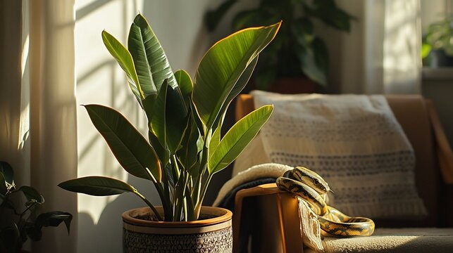 Sunlit Houseplant and Yellow Python Resting Peacefully
