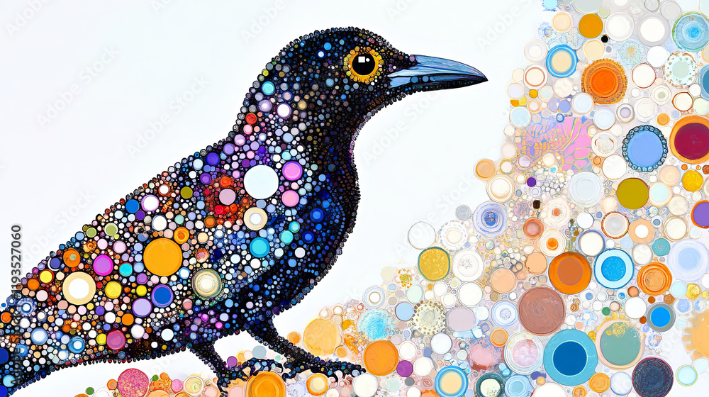 Poster magpie of particles. the magpie consists of circles and points. vector illustration