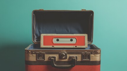 Retro Cassette Inside Vintage Suitcase Background