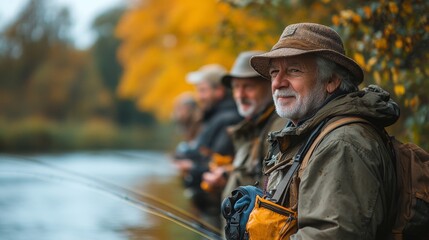 Naklejka premium Elderly friends fishing together by a serene river during autumn foliage