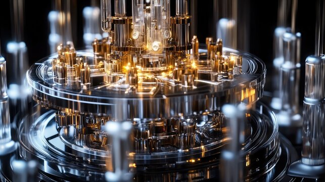Artistic visualization of a quantum computer, featuring quantum gates and entangled qubits in a visually complex and high-tech digital layout