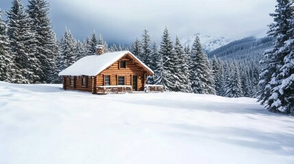 Naklejka premium A cozy winter cabin nestled among snow-covered pine trees, Winter scene, Cozy style