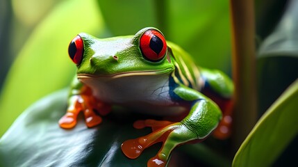 Red Eyed Tree Frog Perched On Lush Green Leaf