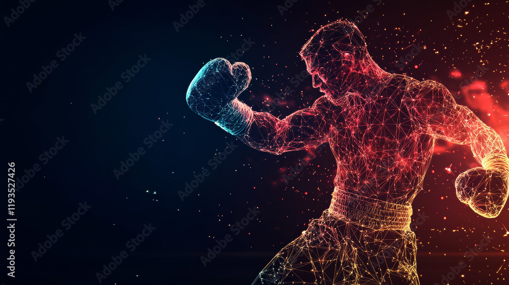 Poster boxer consists of points, lines and triangles. the polygon shape in the form of a silhouette of a bo