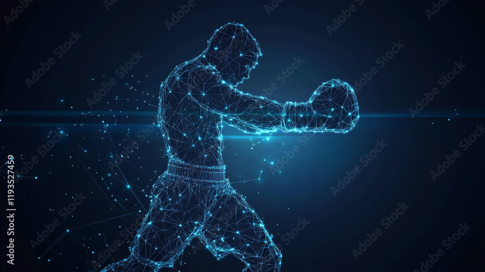 Poster boxer consists of points, lines and triangles. the polygon shape in the form of a silhouette of a bo