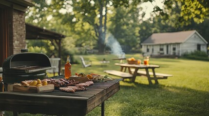 A rustic Father Day barbecue with grilled meats and lawn games