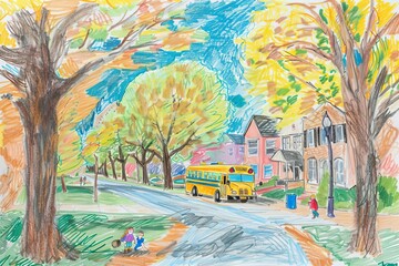 Obraz premium A colorful autumn scene featuring a school bus on a tree-lined street with children playing.