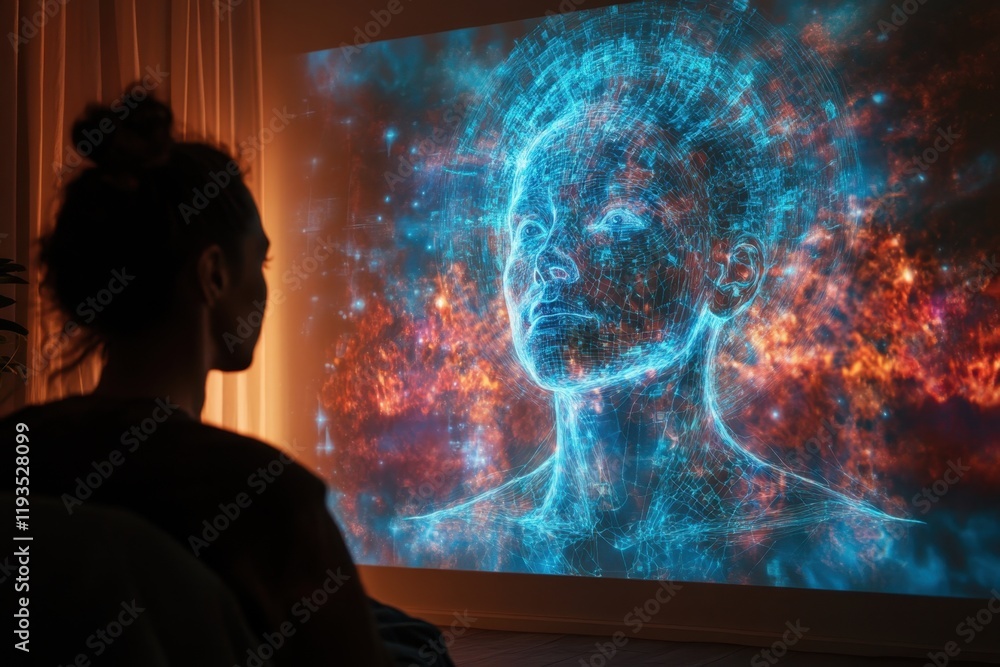 Poster exploring the intersection of technology and art with a digital projection of a human figure