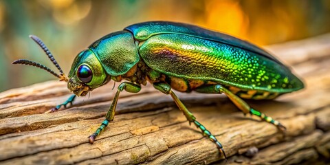Fototapeta premium Jewel-toned Buprestid Beetle on Weathered Wood, Macro Photography Stock Image