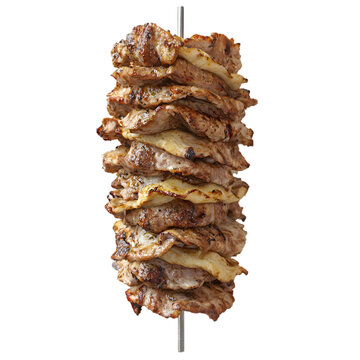 vertical shawarma spit with layers of roasted meat isolated die cut 