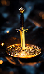 A golden sword stands proudly atop a shimmering gold coin, symbolizing power and wealth in a mystical setting.