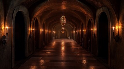 Fototapeta premium Dark Archway Hallway Lit By Candles And A Lantern