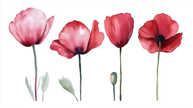 Watercolor set of red poppies flowers isolated on white background