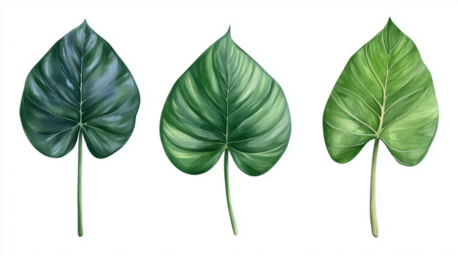 Watercolor set of green leaves isolated on white background