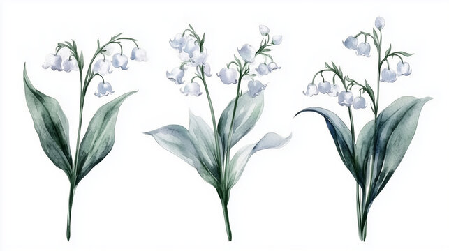 Watercolor set of white lily of the valley flowers isolated on white background