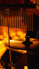 Close-up of a drum set with a cymbal and chimes in the foreground. The background is blurred and orange.