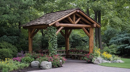 A rustic gazebo in a flower garden with ivy climbing the wooden beams