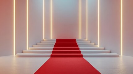 Obraz premium A minimalistic illustration featuring an elegant red carpet leading up a set of white stairs, illuminated by soft, vertical lights