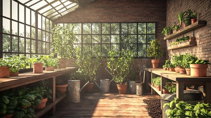 A rustic greenhouse classroom with potted plants, watering cans, and soil