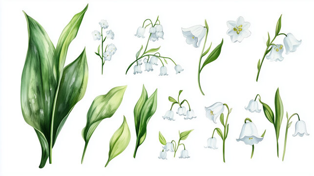 Watercolor set of white lily of the valley flowers isolated on white background