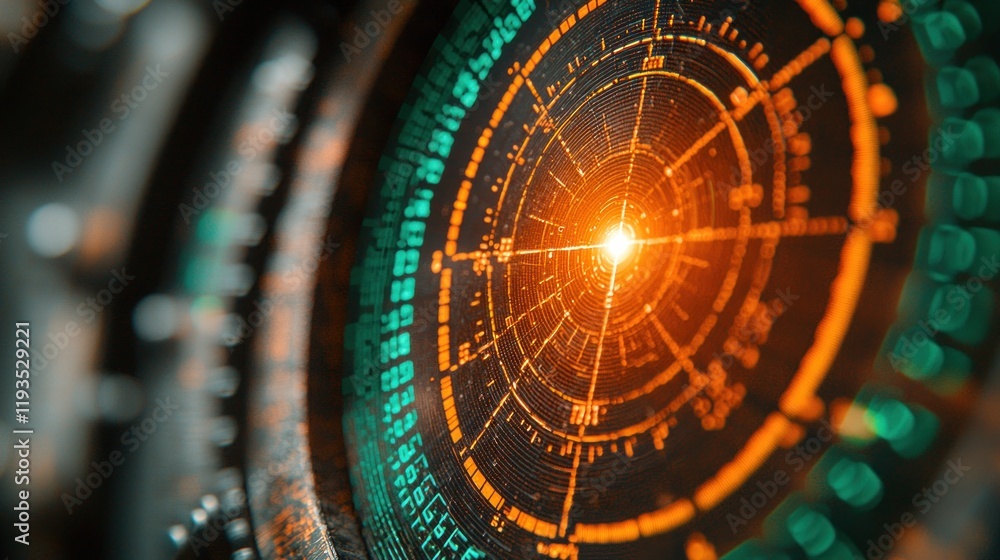 Poster futuristic radar interface: close-up of a technologically advanced digital radar screen, showcasing 