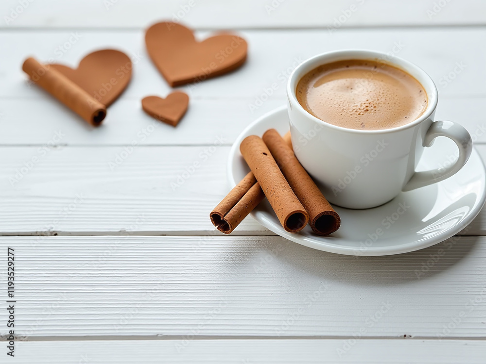 Aufkleber cinnamon heart shape sits on a white wooden table with space for text near a cup of coffee in romant