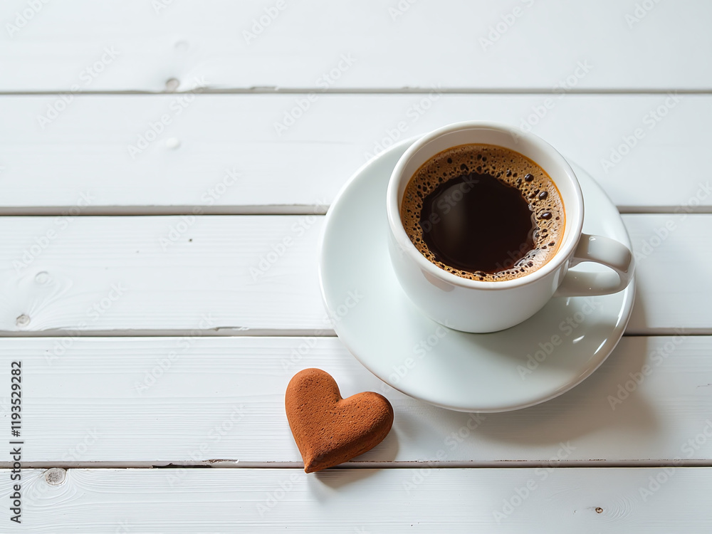 Poster cinnamon heart shape sits on a white wooden table with space for text near a cup of coffee in romant
