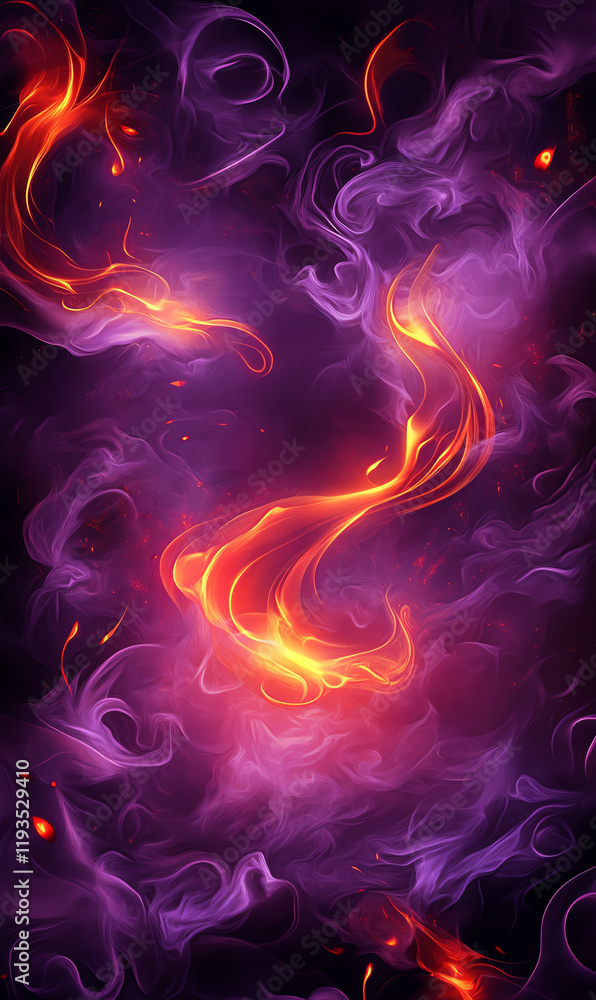 Poster a mesmerizing blend of purple and orange swirls, creating an enchanting and mystical atmosphere that