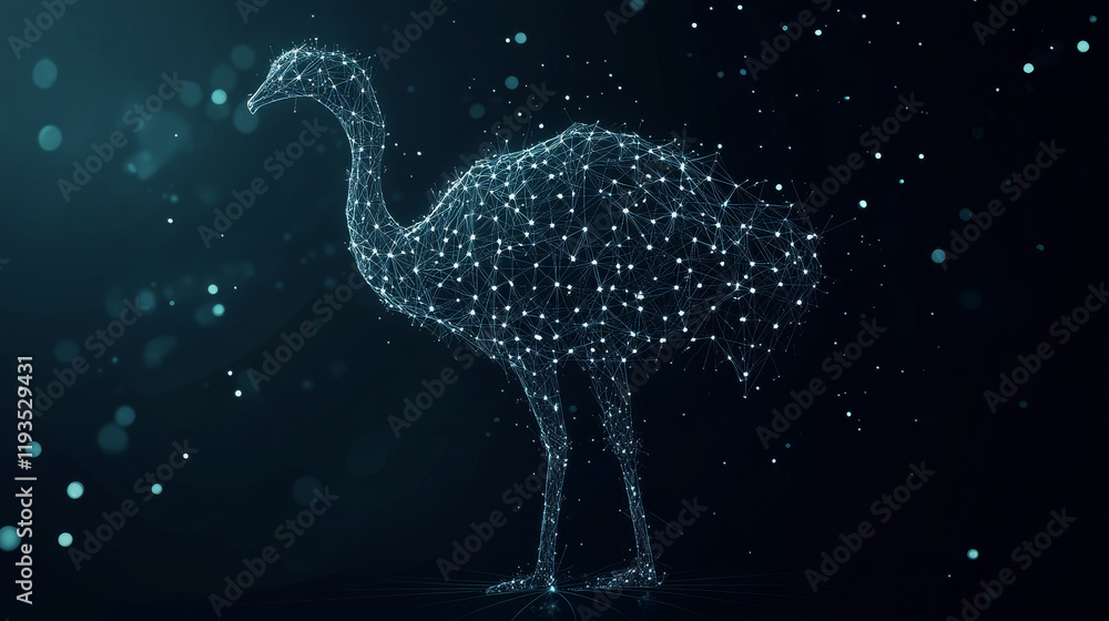 Poster the ostrich consists of points, lines and triangles. the polygon shape in the form of a silhouette o