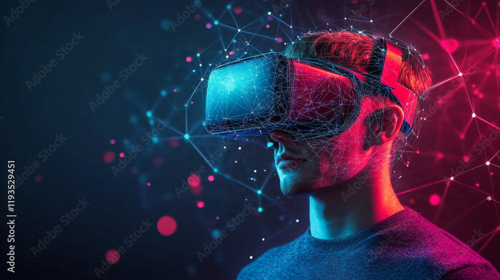 Poster hologram virtual reality. virtual reality made of polygons, triangles, dots, and lines. low-poly vir