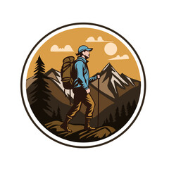 Illustration of a mountain climber with a mountain background, good for use as a logo 