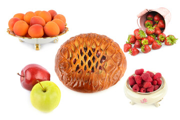 Homemade fruit pie isolated on white. Collage.