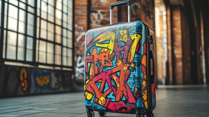 Fototapeta premium Vibrant Graffiti Suitcase Stands In Urban Setting