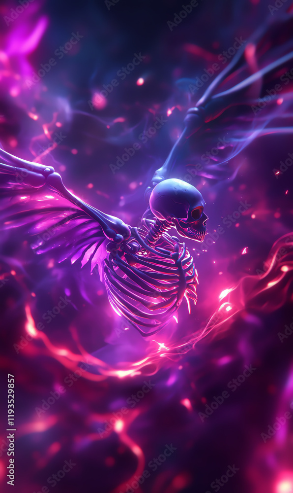 Poster a mesmerizing depiction of a skeletal figure soaring through cosmic colors, blending science and spi