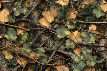 A camouflage pattern made of real tree branches and green leaves, with an American-style camo design for hunting in the woods. 
