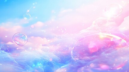Dreamy pastel bubbles floating over clouds.