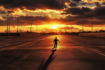Skater gliding across empty lot at sunset with vibrant colors in the sky