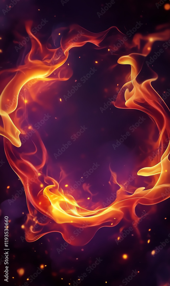 Poster a mesmerizing swirl of vibrant flames against a dark background, creating an enchanting, fiery circu