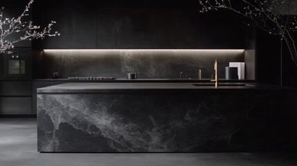 Obraz premium Dark Modern Kitchen Design with Marble Countertop