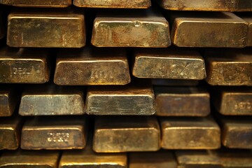 Rows of shiny gold bars are tightly stacked together, displaying their unique markings and reflecting light in a secure vault setting