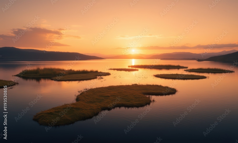 Sticker Serene sunset over tranquil lake