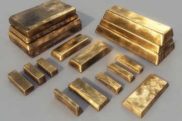 A variety of gold bars are displayed neatly, reflecting light with their polished surfaces. The arrangement showcases different sizes and shapes emphasizing wealth