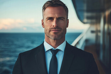 Fototapeta premium Ship Captain Stands Confidently on Deck Against a Backdrop of Ocean and Sky During Sunset