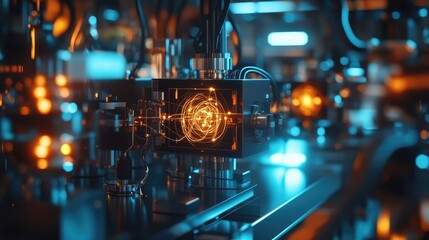 Close-up of quantum hardware with glowing qubits and intricate superconducting circuits in a high-tech lab