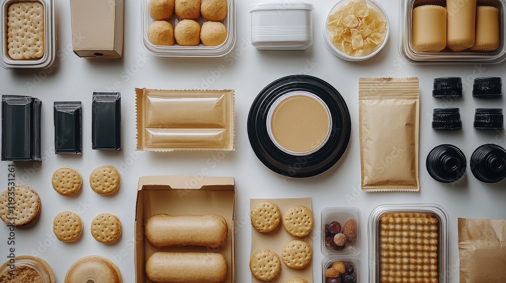 Poster an assortment of snacks and confectioneries displayed neatly on a white surface, including cookies, 