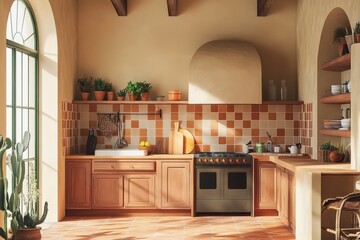 Sunlit Mediterranean Kitchen With Wooden Cabinets And Terracotta Tiles