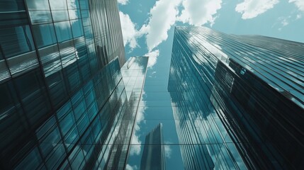 Fototapeta premium Modern Glass Skyscrapers Reflecting Clouds and Sky