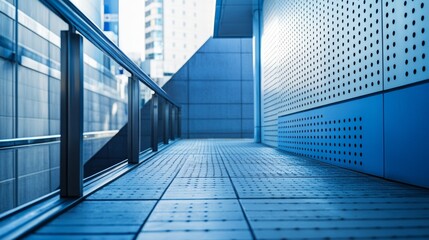 Obraz premium Close-up view of a minimalistic walkway with perforated walls and a modern railing in an urban setting