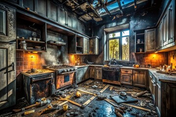 Kitchen Fire Aftermath: Charred Cabinets and Smoke Damage Stock Photo