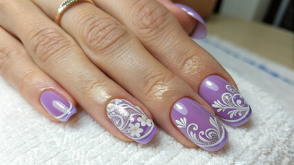 Fingers of young woman's hand with beautiful French pearl nail polish, Creative manicure with gel polish in luxury beauty salon, Nail art and design, French manicure